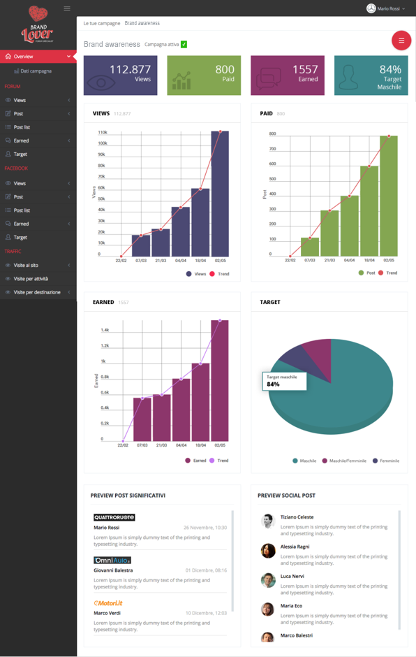 Dashboard di Brand Lover: visualizzazioni, post pagati e spontanei, target e grafici di una campagna di brand awareness