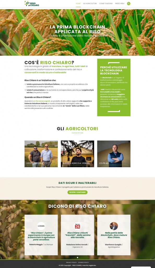 Il sito di Riso Chiaro: la prima blockchain applicata al riso, gli agricoltori e le testimonianze