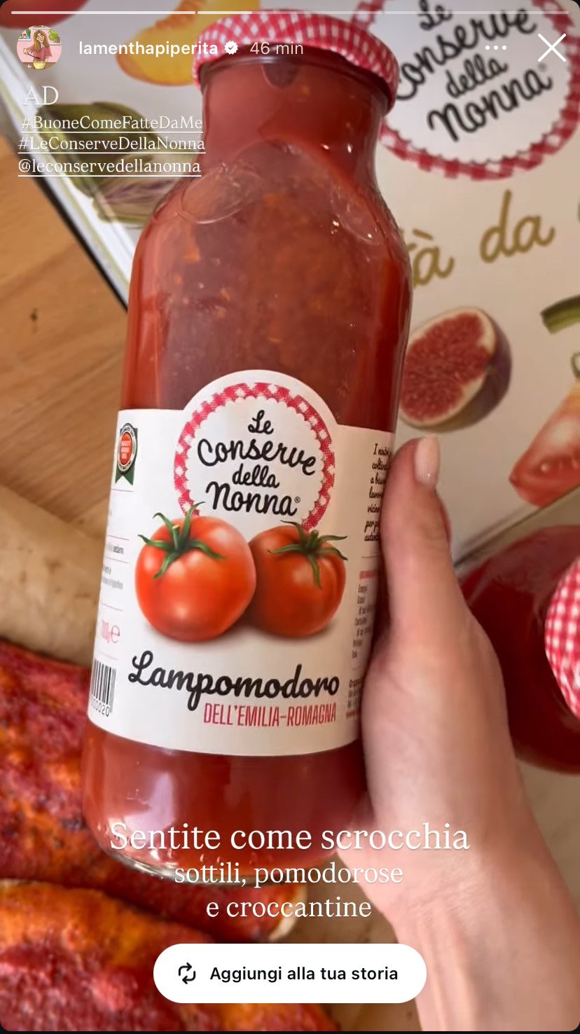 Story di una creator con il Lampomodoro Le Conserve della Nonna
