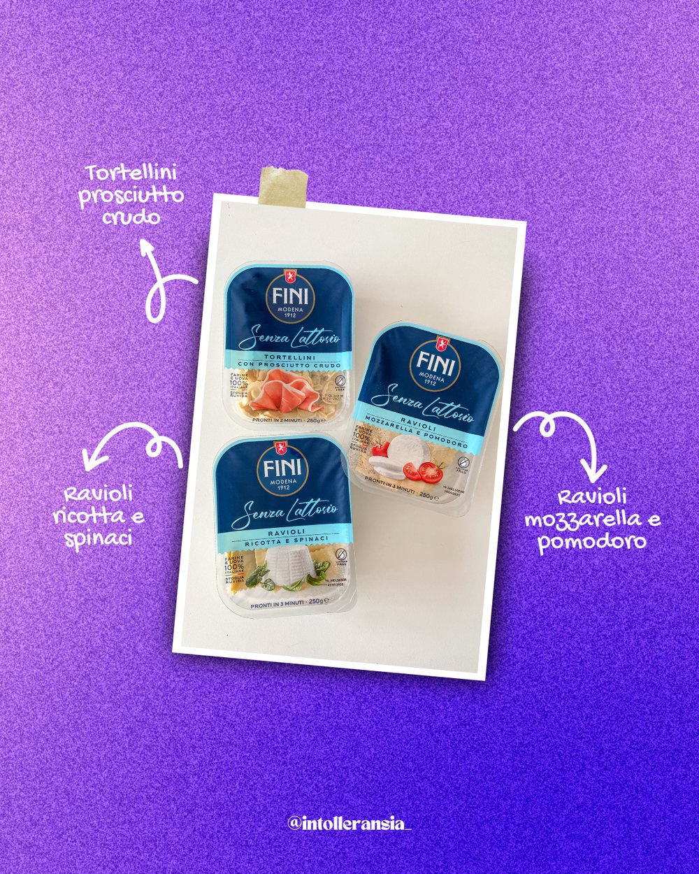 Carosello Instagram con i tre prodotti FINI senza lattosio