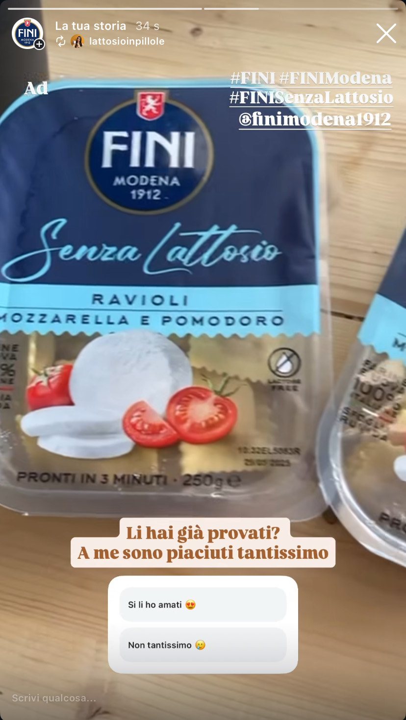 Story di Naomi Silano con i ravioli mozzarella e pomodoro