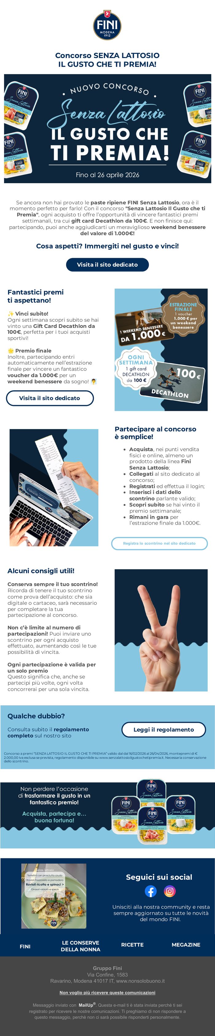 Newsletter FINI: concorso Senza Lattosio, il gusto che ti premia