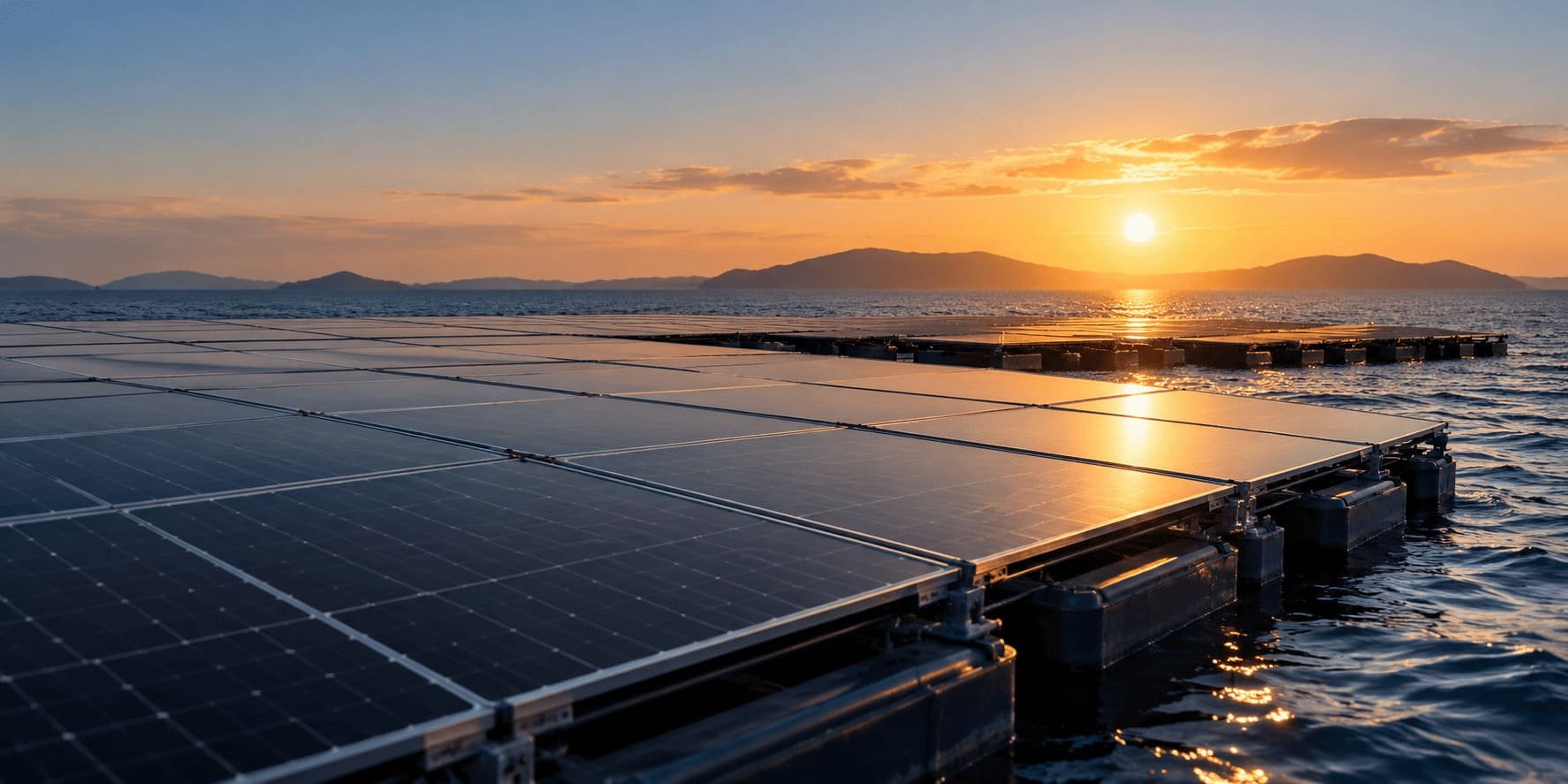 Impianto fotovoltaico galleggiante al tramonto