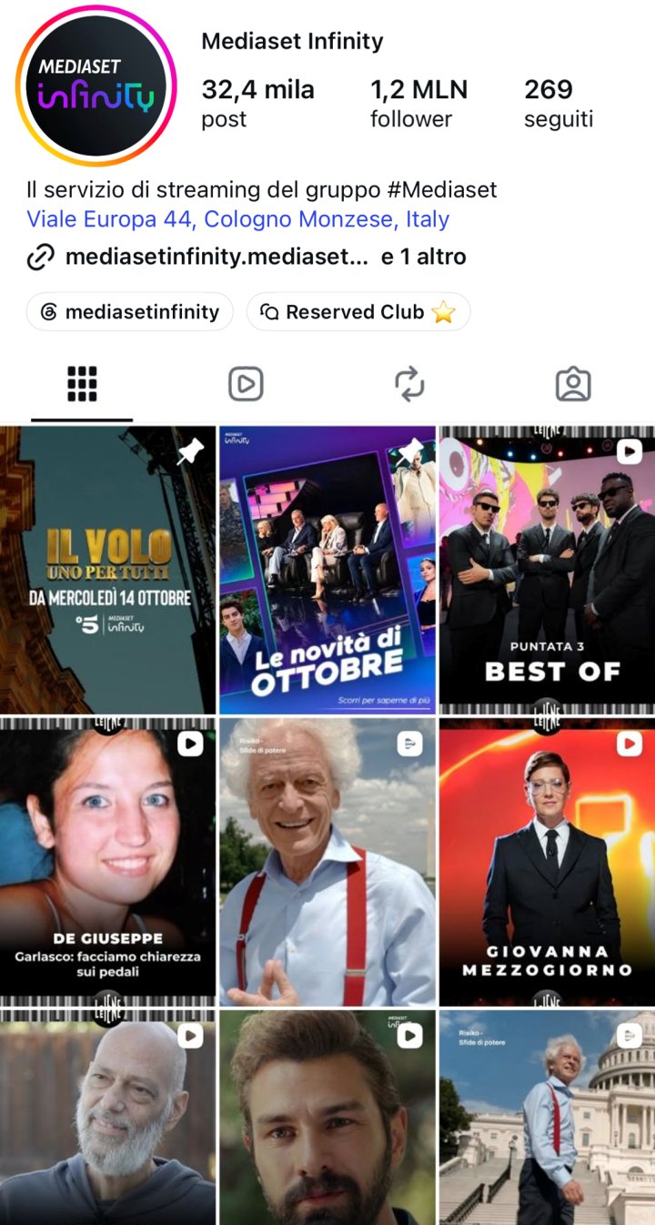 Profilo Instagram di Mediaset Infinity